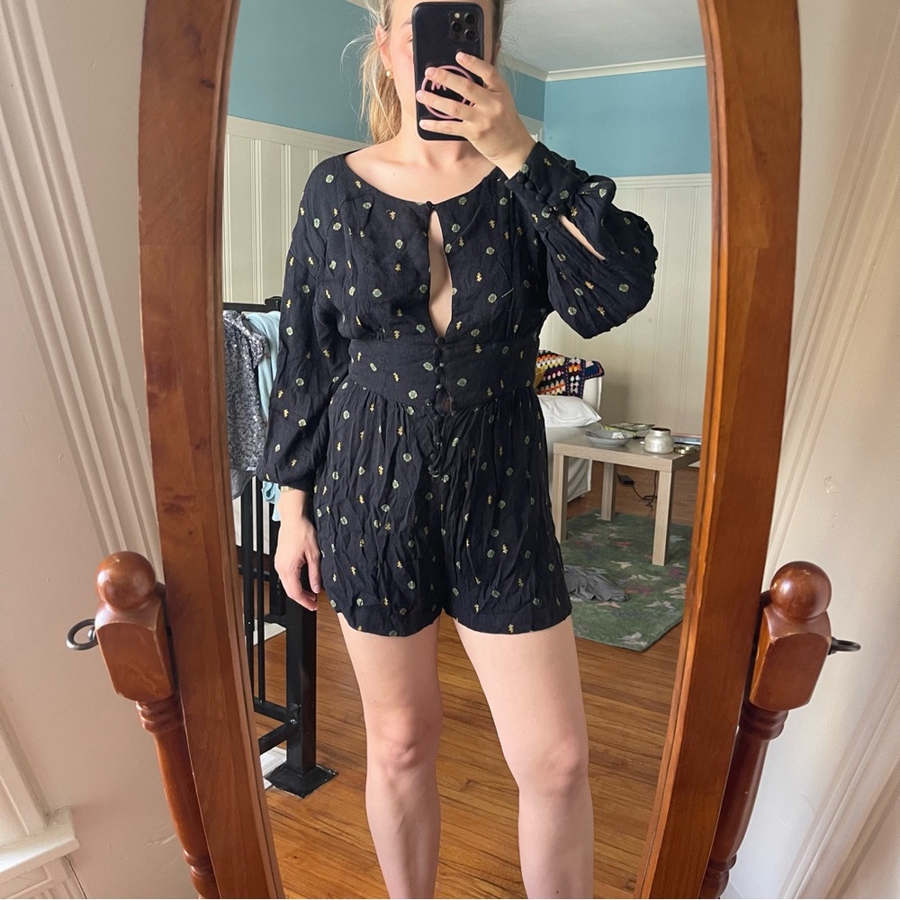 Free People Black Romper with Green and Gold Floral Motif